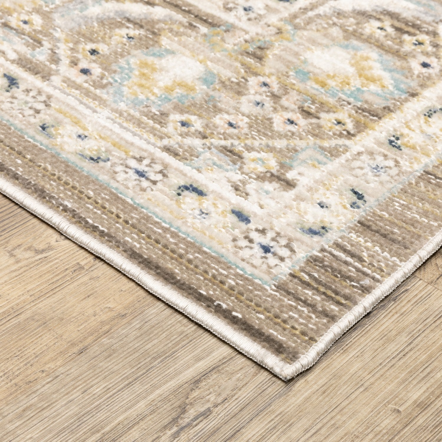 Cavett Bordered Medallion Brown Blue Washed Vintage Rug - Cavett CAV12