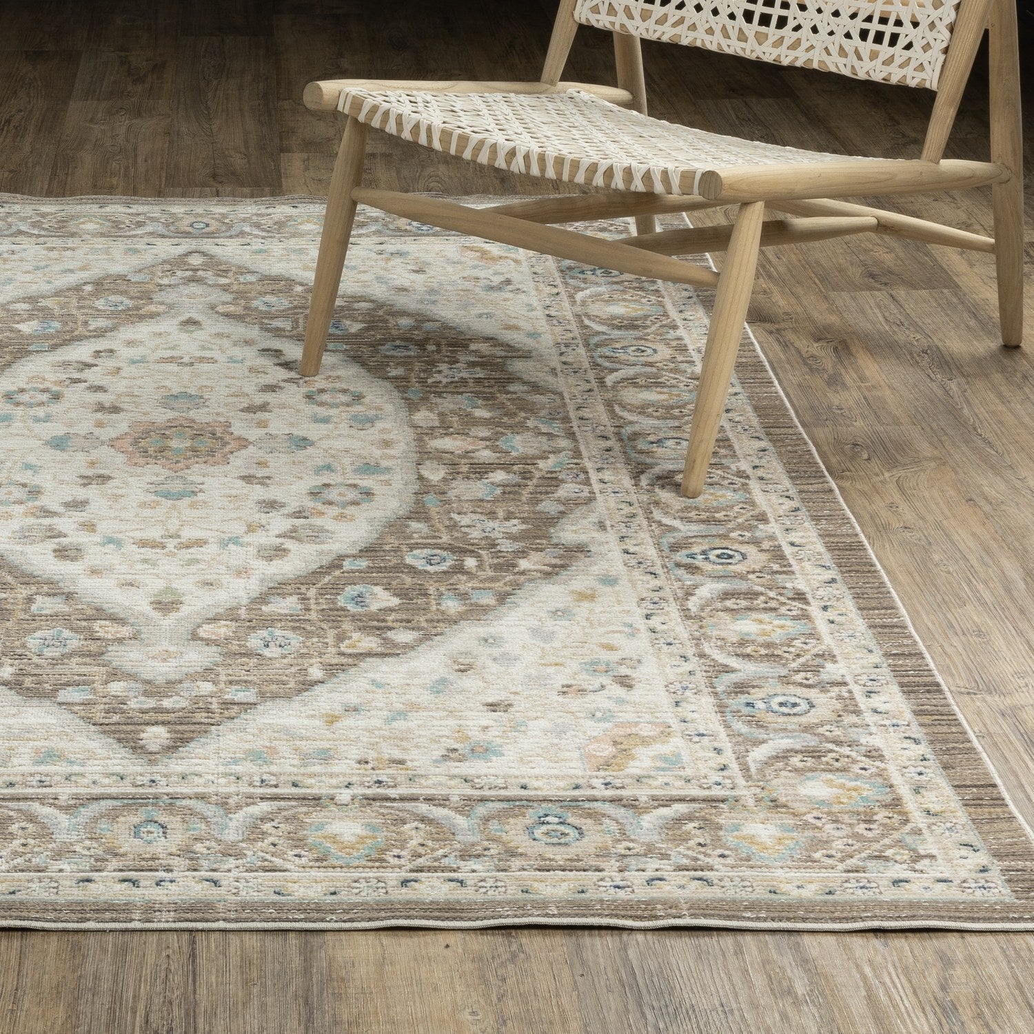 Cavett Bordered Medallion Brown Blue Washed Vintage Rug - Cavett CAV12
