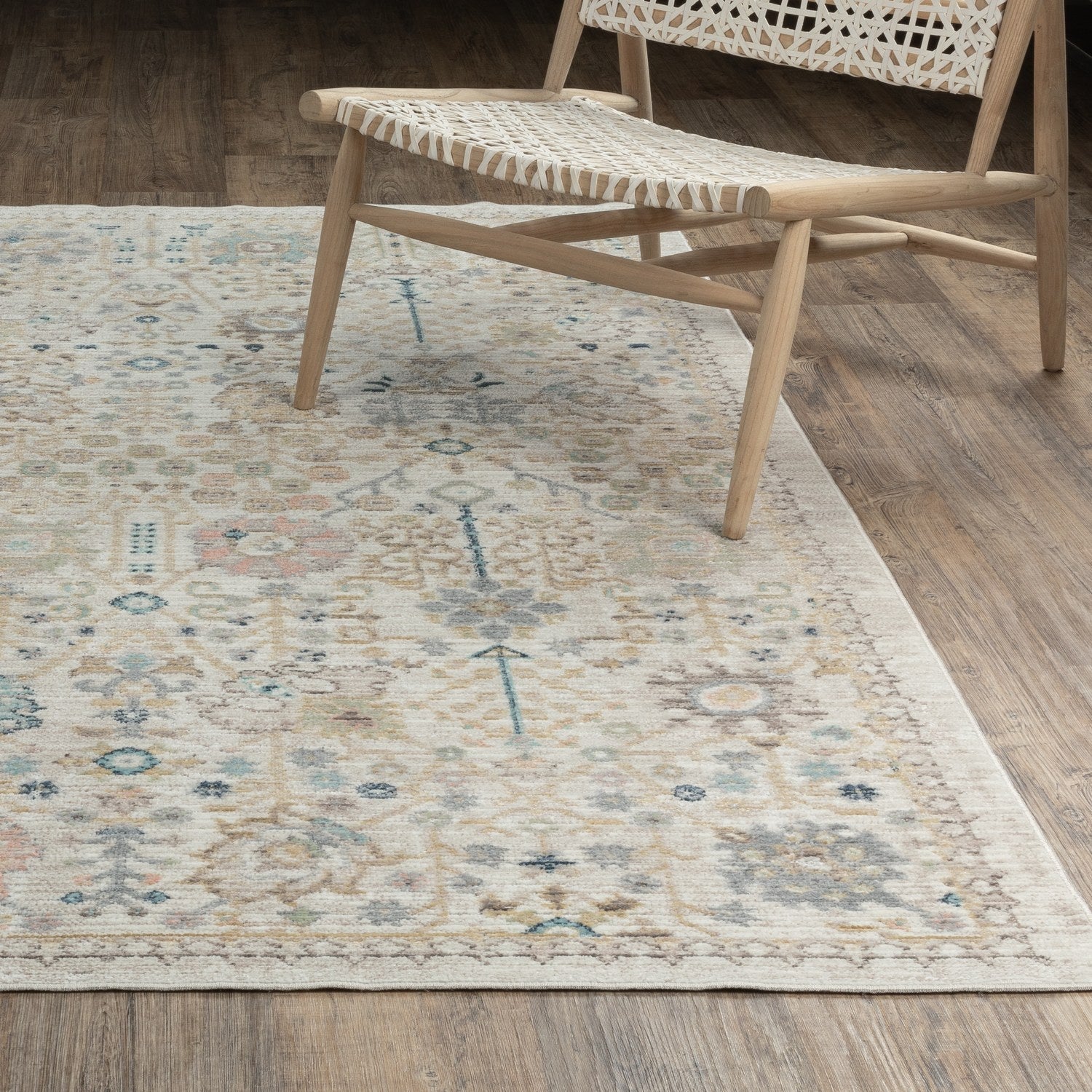 Cavett Garden Floral Blue Pink Washed Vintage Rug - Cavett CAV13