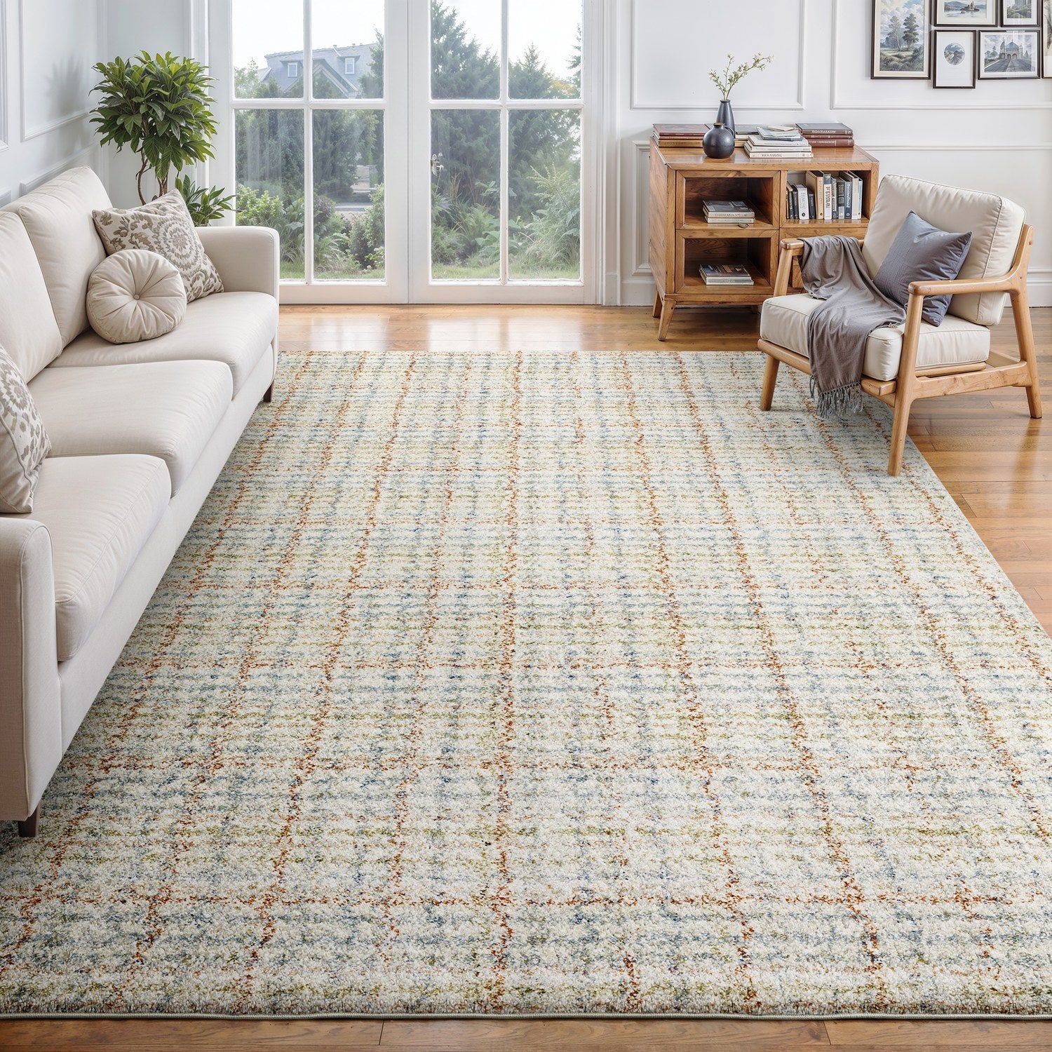 Gemma Plaid Blue Rust High Pile Rug - Gemma GEM05