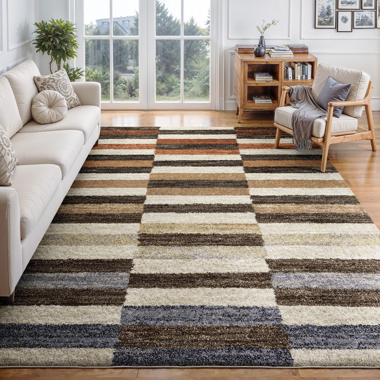 Gemma Block Stripe Multi Brown High Pile Rug - Gemma GEM10