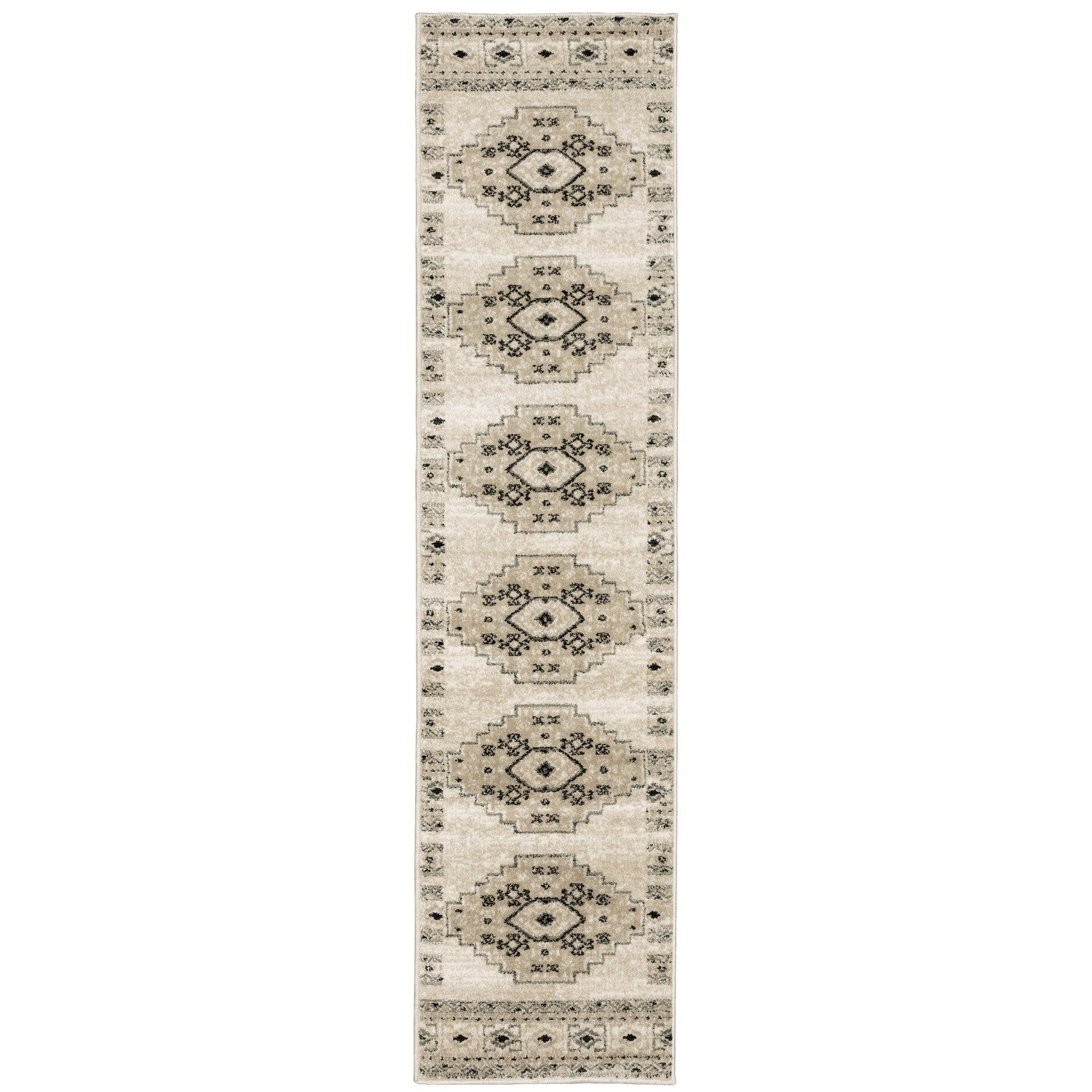 Georgia Tribal Medallion Ivory Grey Farmhouse Rug - Georgia 643A0 #_shape=Runner
