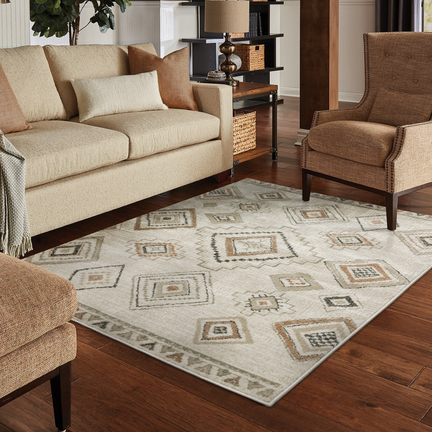 Georgia Boho Diamond Ivory Orange Farmhouse Rug - Georgia 660B0