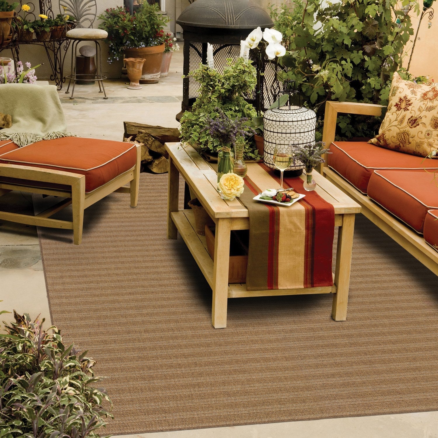 Karavia Pinstripe Tan Seagrass Look Indoor Outdoor Rug - Karavia 001X3