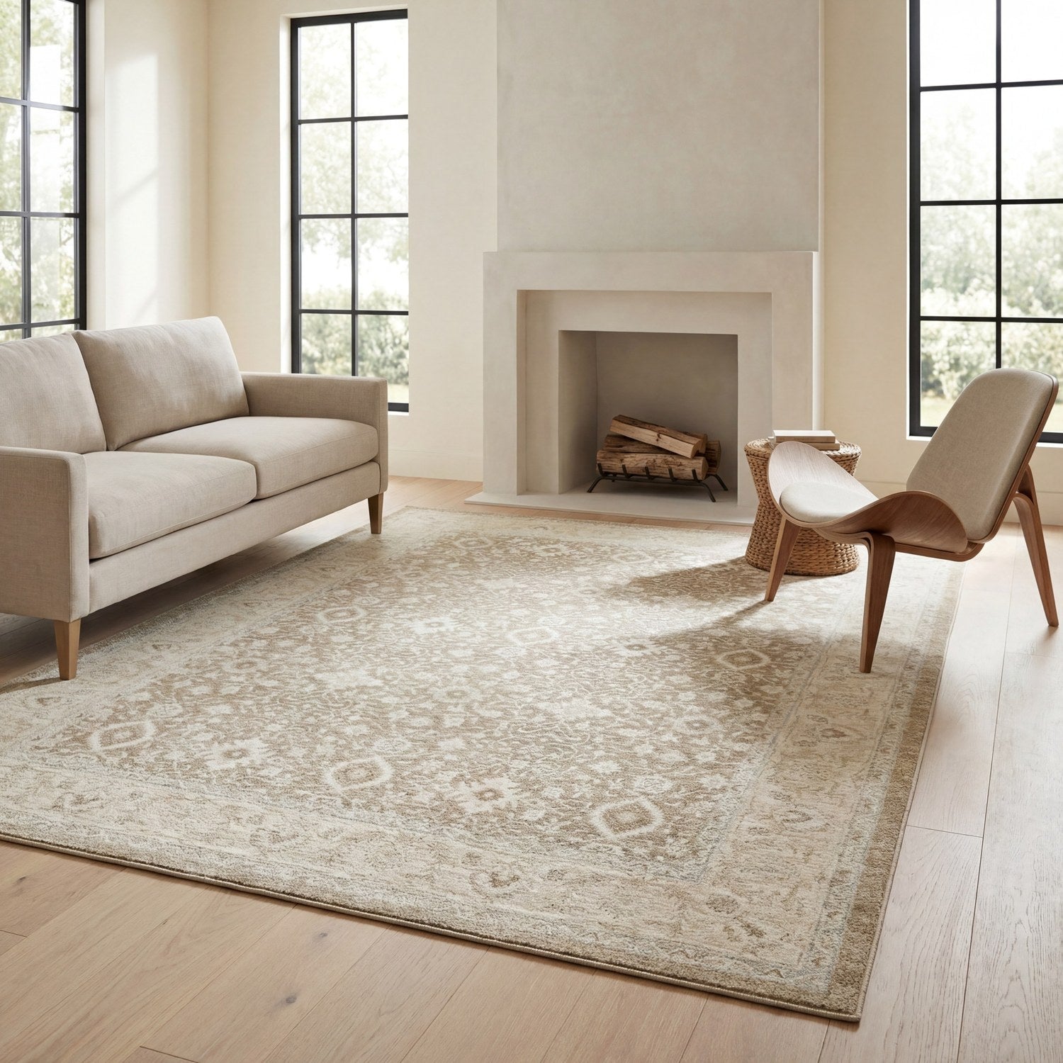 Lauren Bordered Oriental Light Brown High-Low Distressed Rug - Lauren LRN02