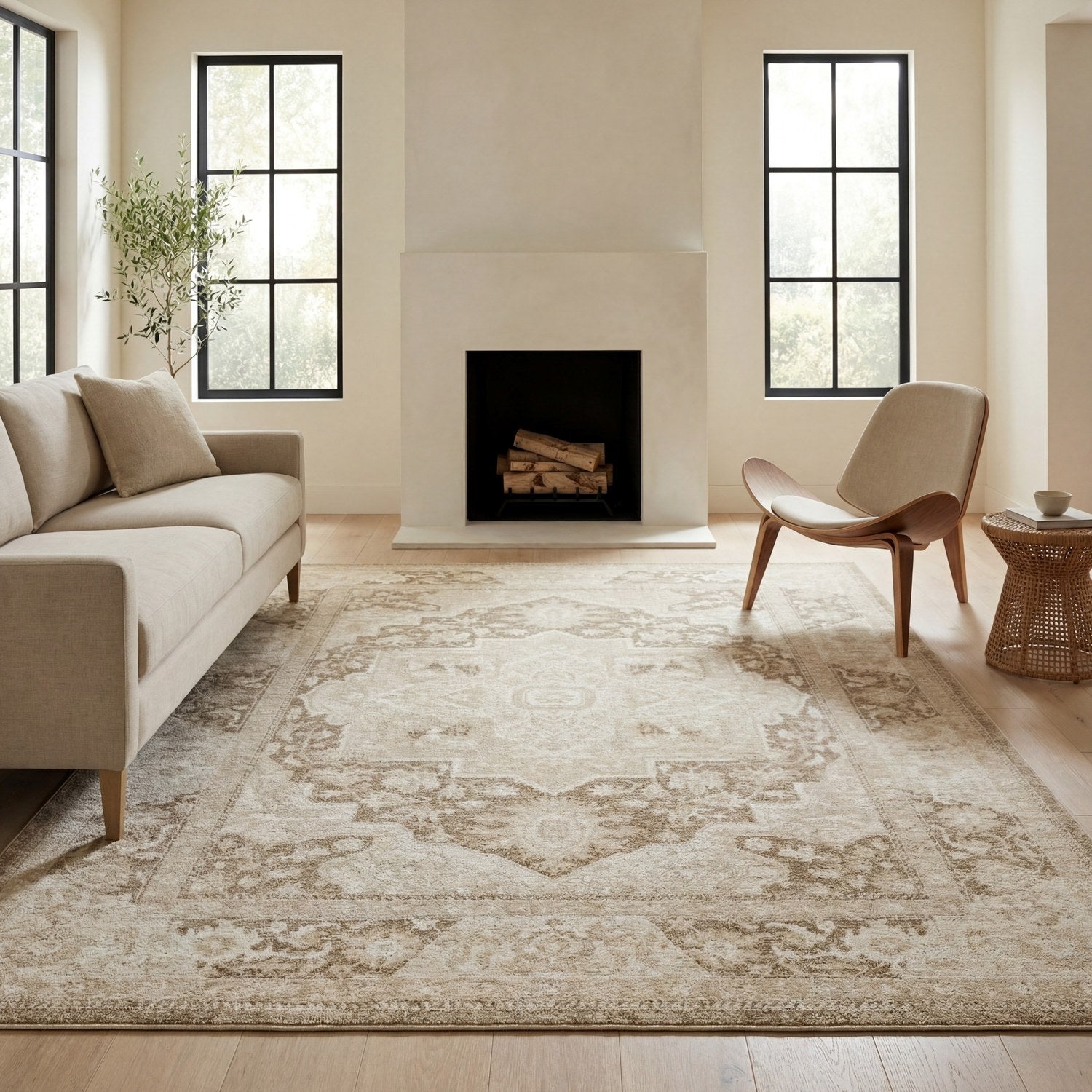 Lauren Vintage Medallion Light Brown High-Low Distressed Rug - Lauren LRN06