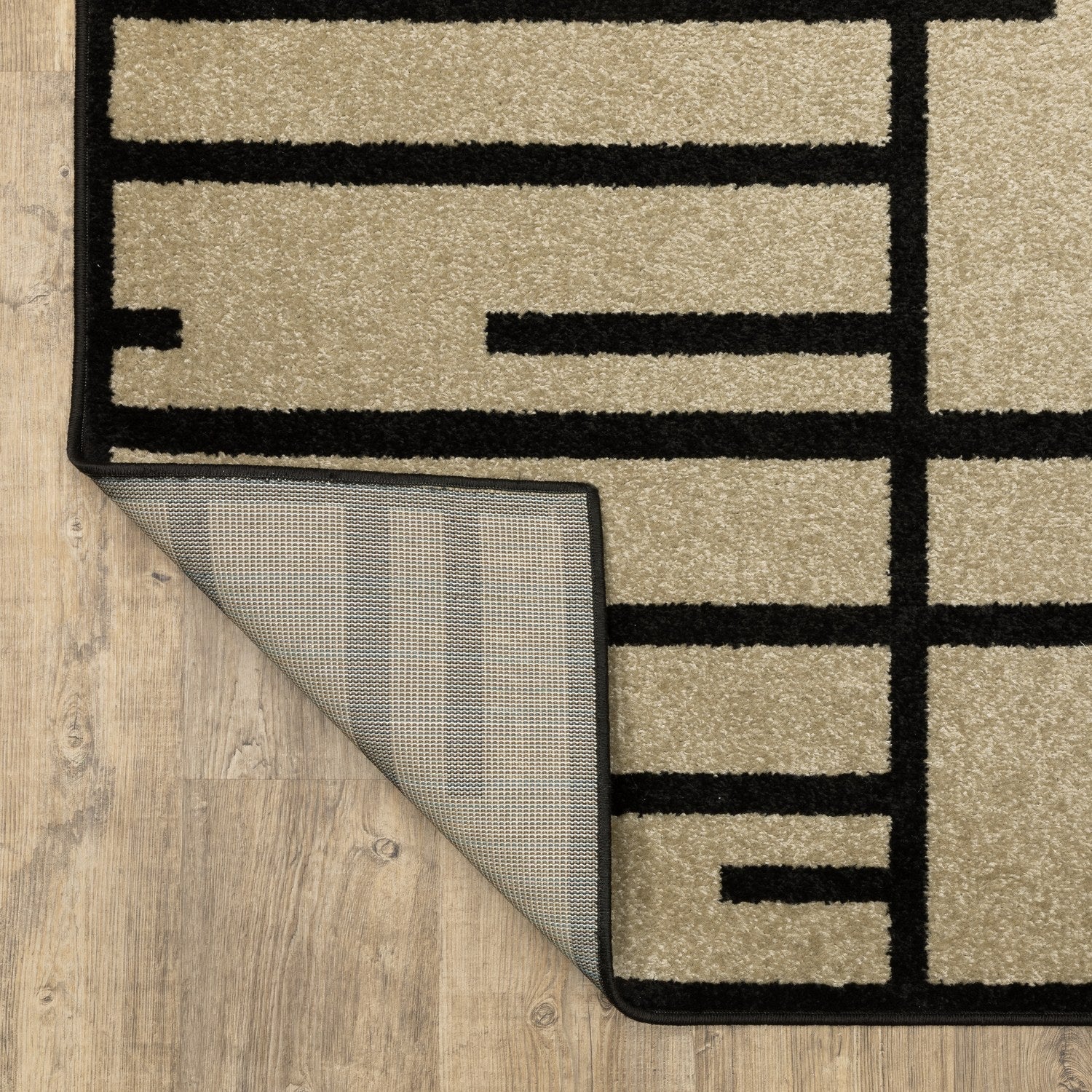 Quinn Grid Lines Beige Black Textured Frieze Rug - Quinn QUI03