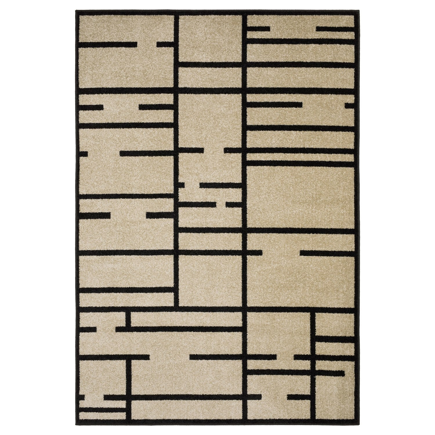 Quinn Grid Lines Beige Black Textured Frieze Rug - Quinn QUI03 #_shape=Rectangle
