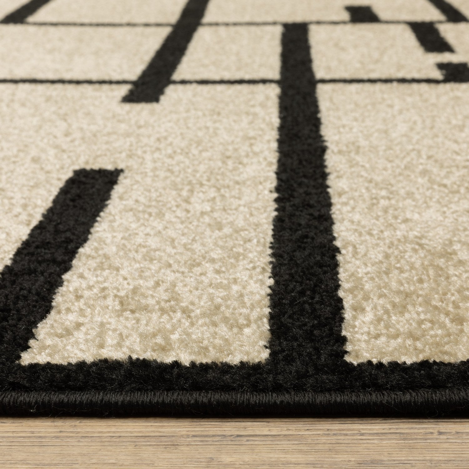 Quinn Grid Lines Beige Black Textured Frieze Rug - Quinn QUI03