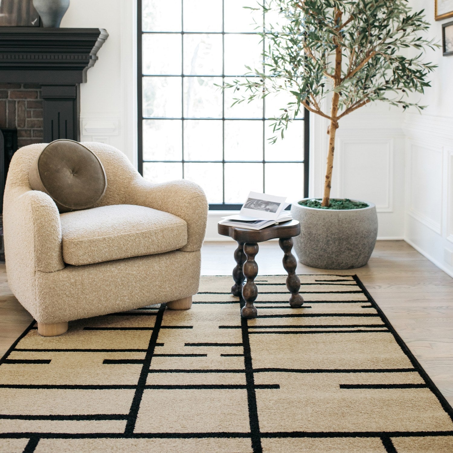 Quinn Grid Lines Beige Black Textured Frieze Rug - Quinn QUI03