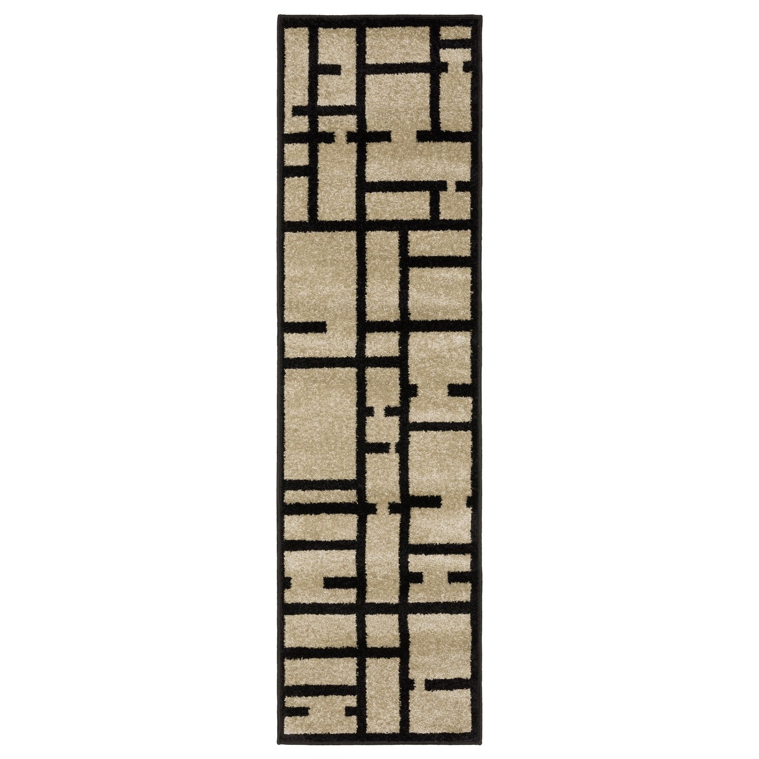 Quinn Grid Lines Beige Black Textured Frieze Rug - Quinn QUI03 #_shape=Runner