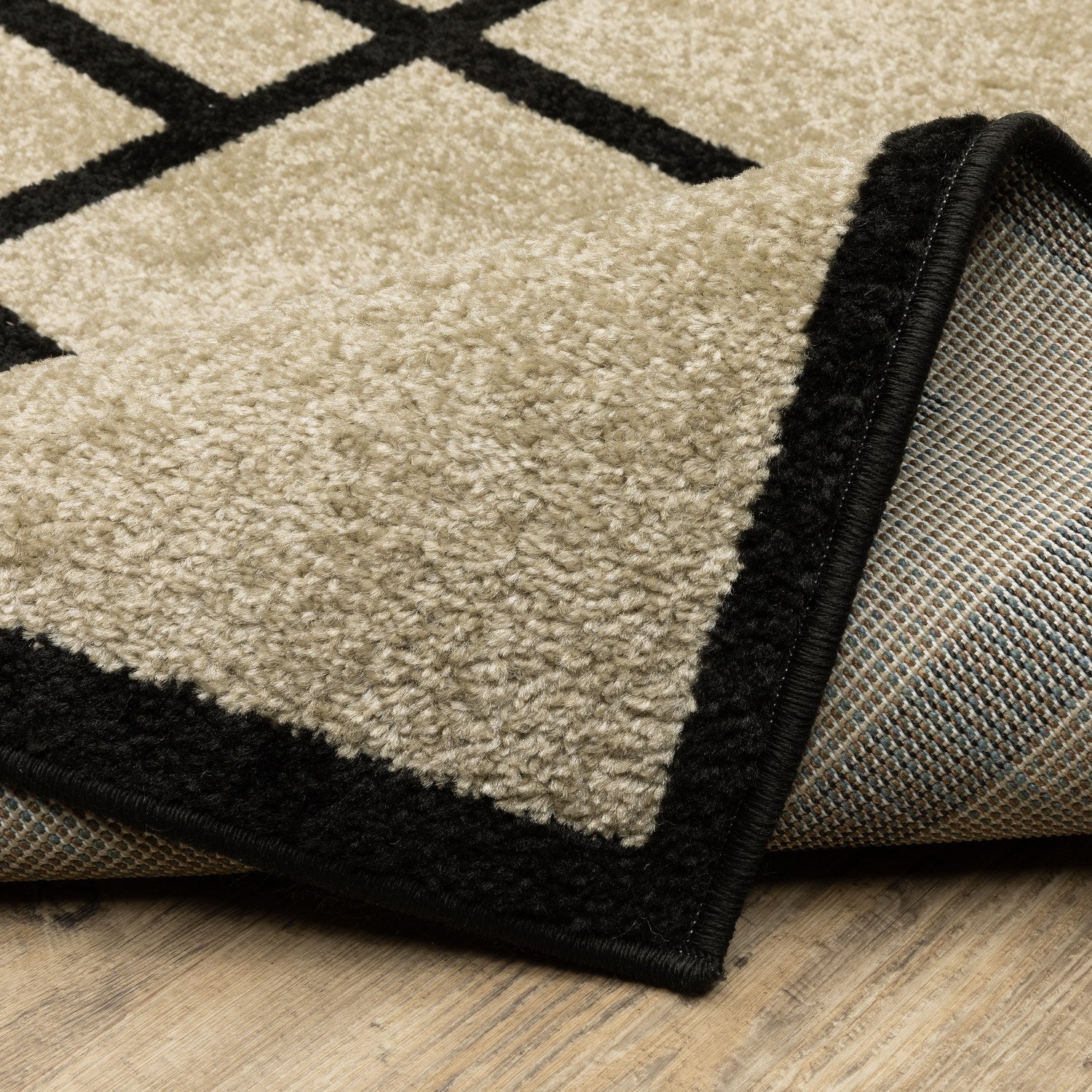 Quinn Grid Lines Beige Black Textured Frieze Rug - Quinn QUI03