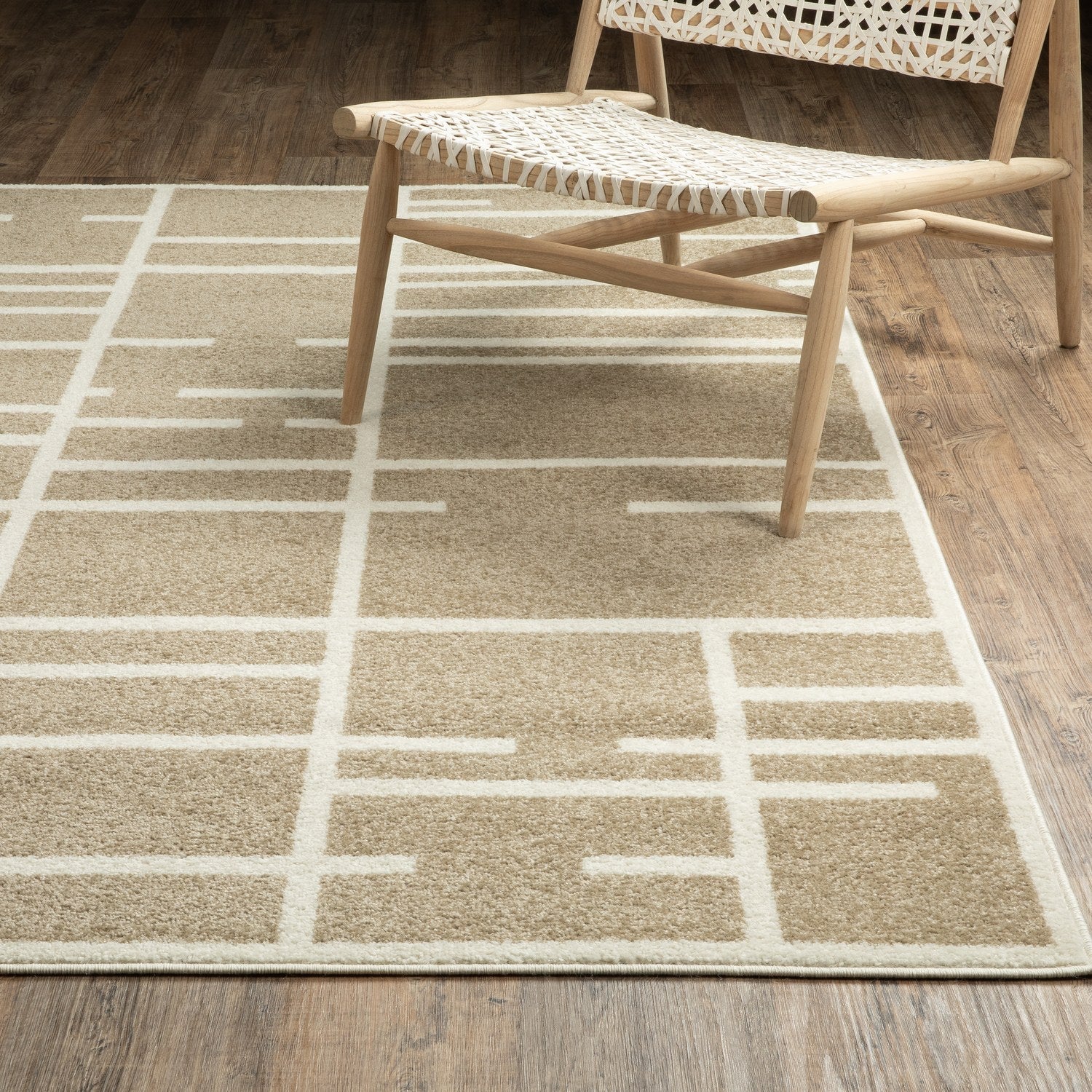 Quinn Broken Grid Beige Ivory Textured Frieze Rug - Quinn QUI04