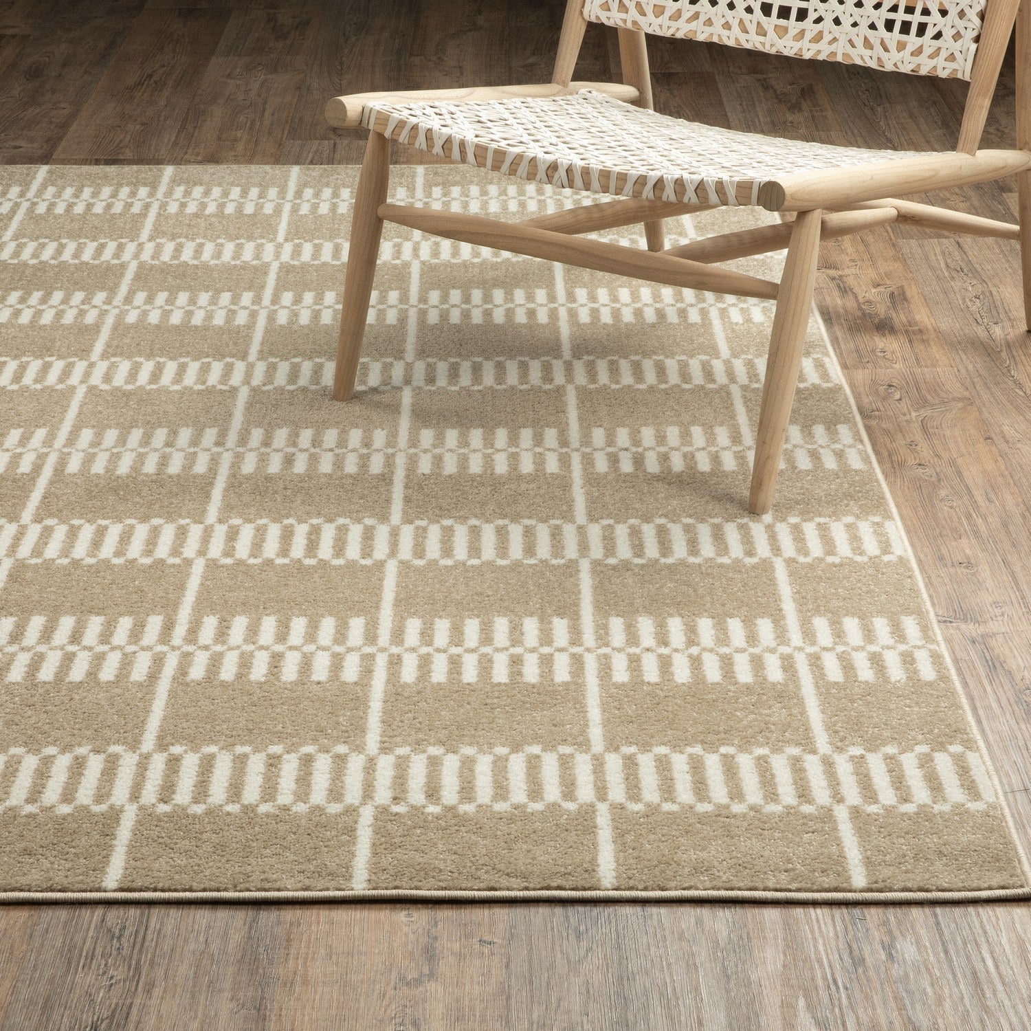 Quinn Block Grid Beige Ivory Textured Frieze Rug - Quinn QUI05
