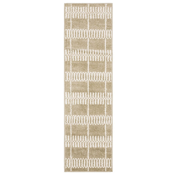 Quinn Block Grid Beige Ivory Textured Frieze Rug - Quinn QUI05 #_shape=Runner