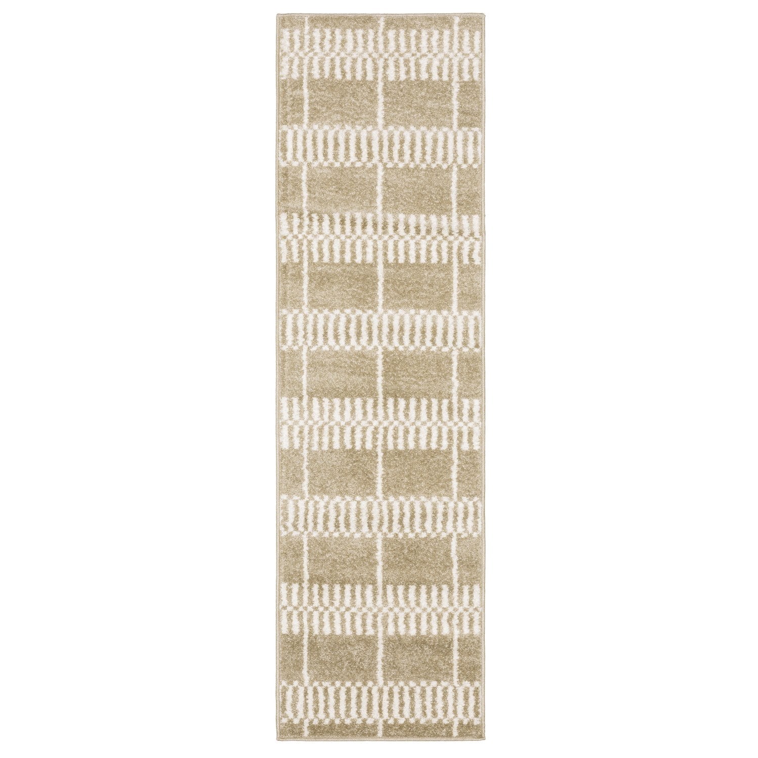 Quinn Block Grid Beige Ivory Textured Frieze Rug - Quinn QUI05 #_shape=Runner