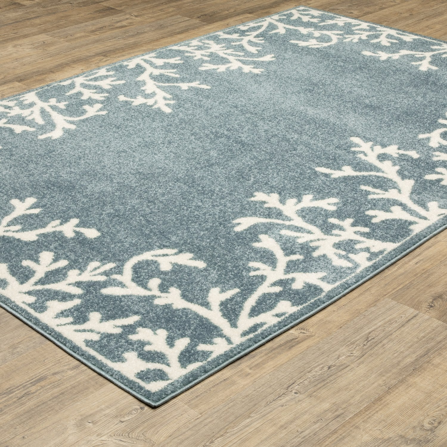 Quinn Coral Border Blue Ivory Textured Frieze Rug - Quinn QUI07