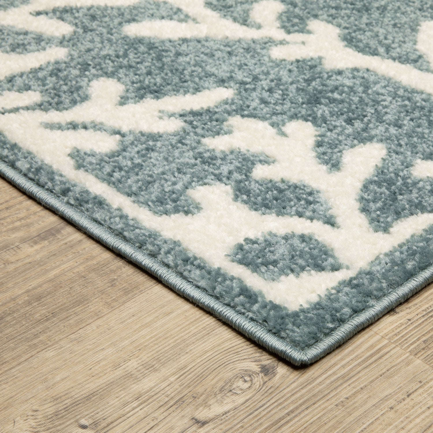 Quinn Coral Border Blue Ivory Textured Frieze Rug - Quinn QUI07