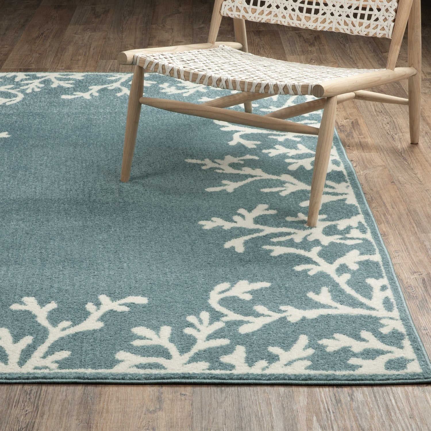 Quinn Coral Border Blue Ivory Textured Frieze Rug - Quinn QUI07