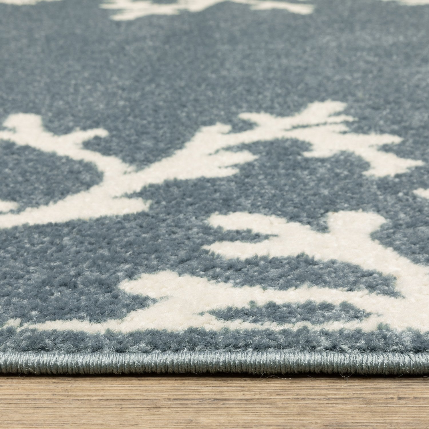 Quinn Coral Border Blue Ivory Textured Frieze Rug - Quinn QUI07