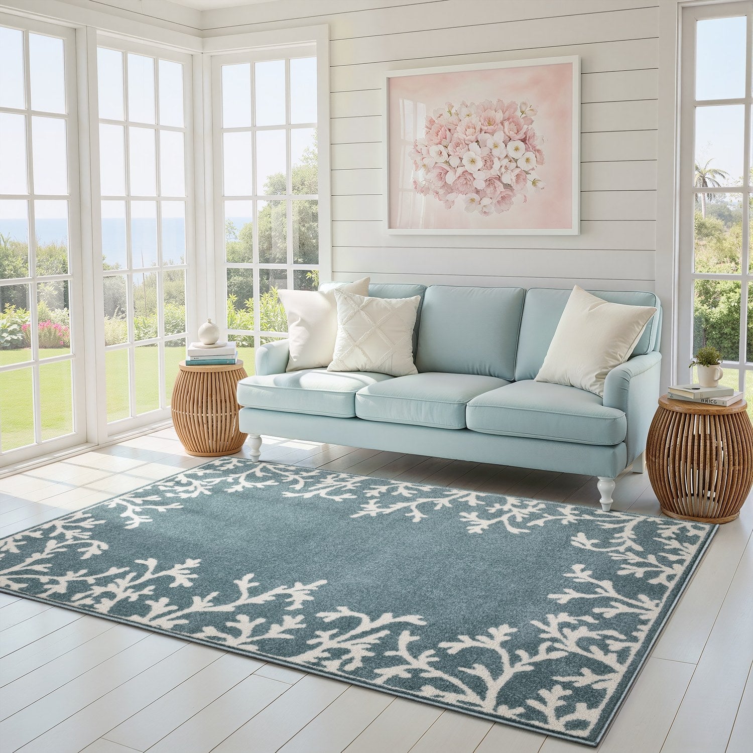 Quinn Coral Border Blue Ivory Textured Frieze Rug - Quinn QUI07