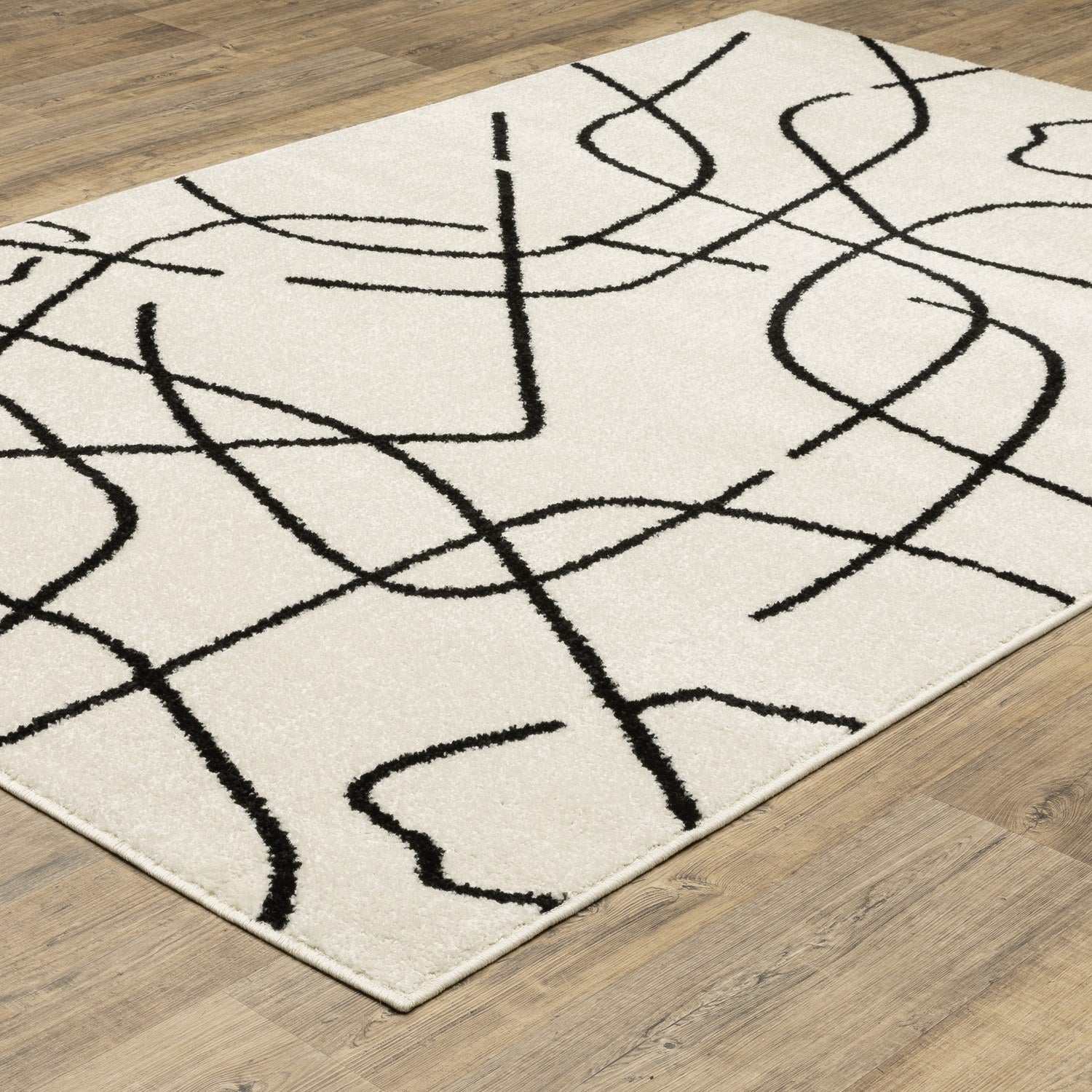 Quinn Scribble Beige Black Textured Frieze Rug - Quinn QUI12