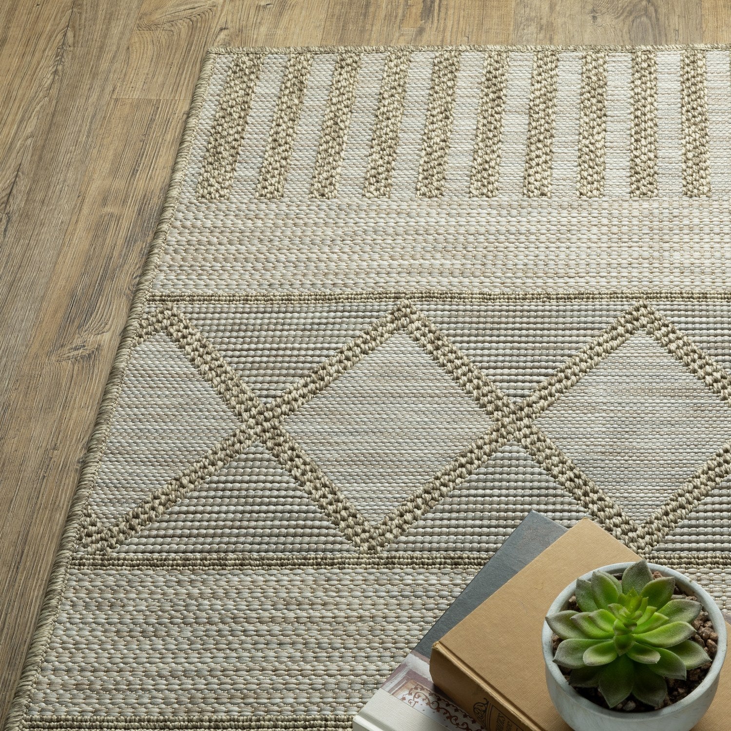 Tortuga Diamond Stripe Tan Wool Look Indoor Outdoor Rug - Tortuga TR11A