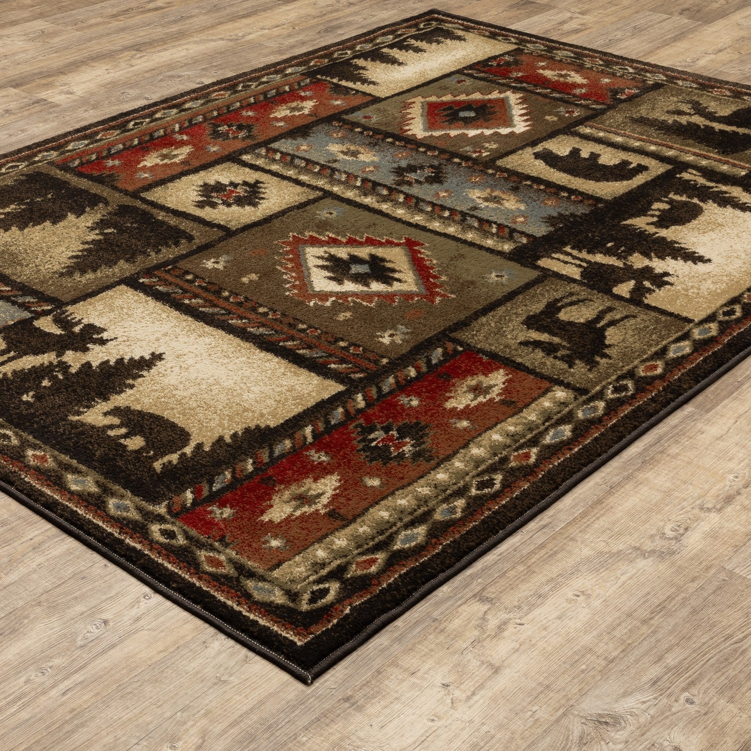 Woodlands Wildlife Patchwork Black Multi Cabin Lodge Rug - Woodlands 1041C
