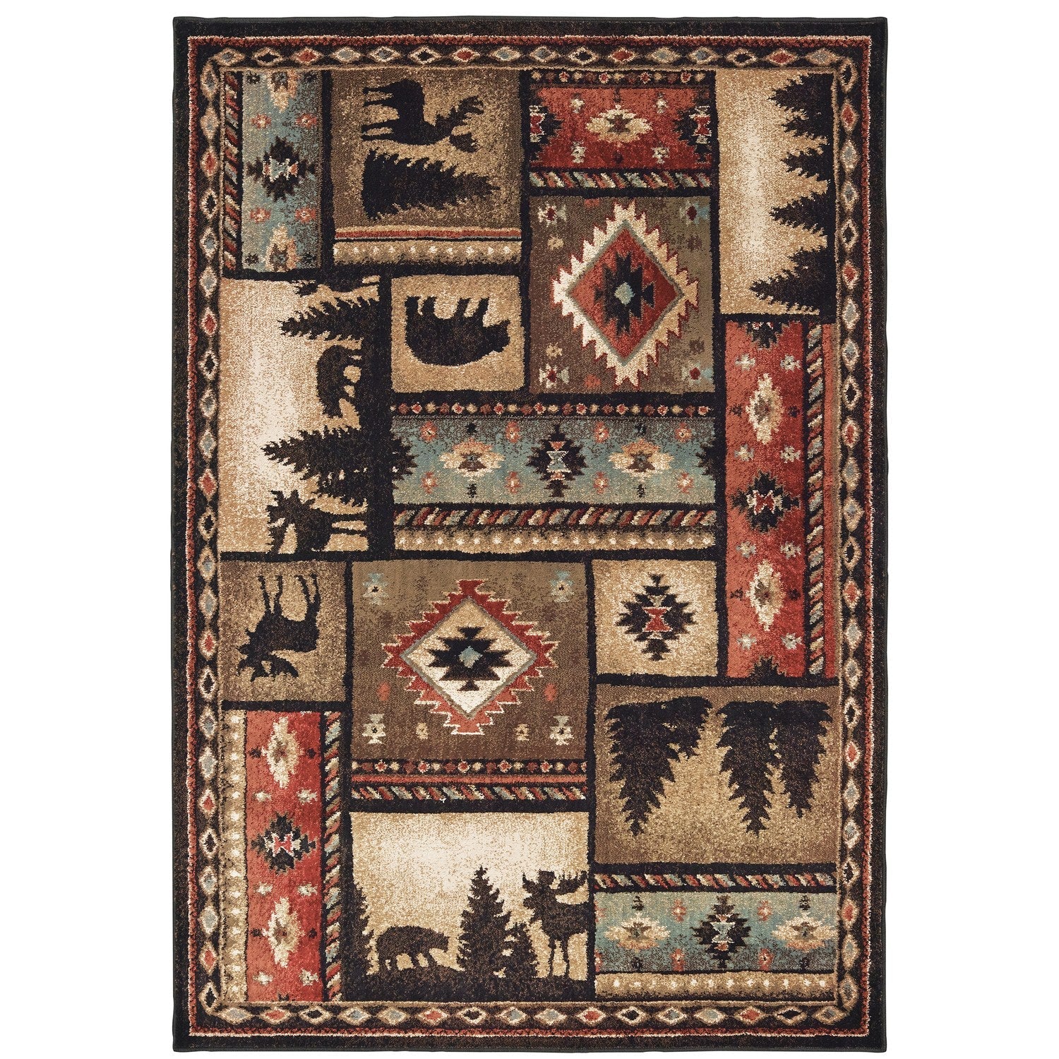 Woodlands Wildlife Patchwork Black Multi Cabin Lodge Rug - Woodlands 1041C #_shape=Rectangle