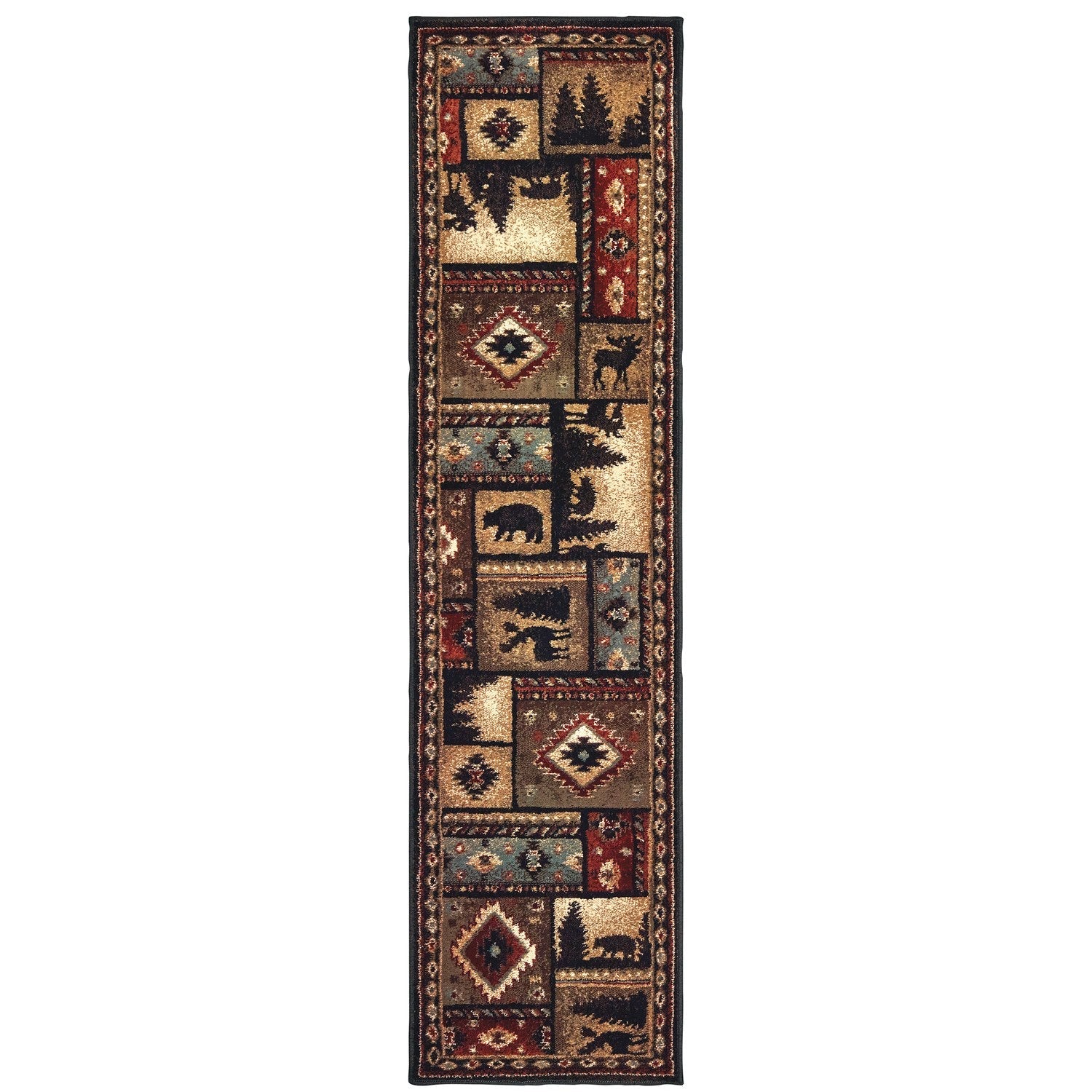 Woodlands Wildlife Patchwork Black Multi Cabin Lodge Rug - Woodlands 1041C #_shape=Runner