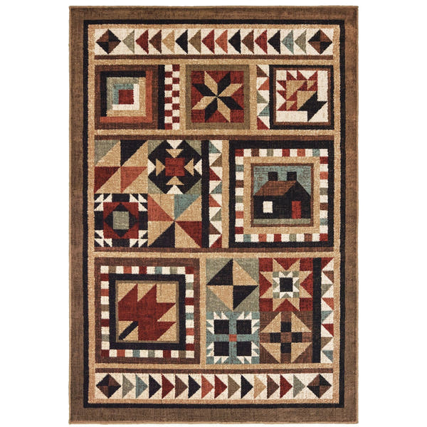 Woodlands Cabin Quilt Brown Multi Cabin Lodge Rug - Woodlands 9596A #_shape=Rectangle