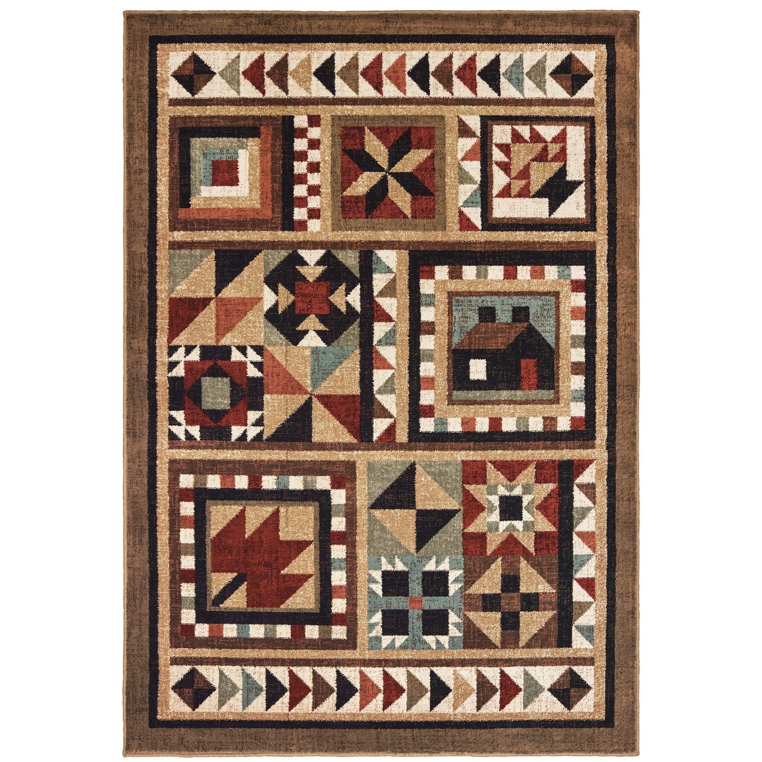 Woodlands Cabin Quilt Brown Multi Cabin Lodge Rug - Woodlands 9596A #_shape=Rectangle