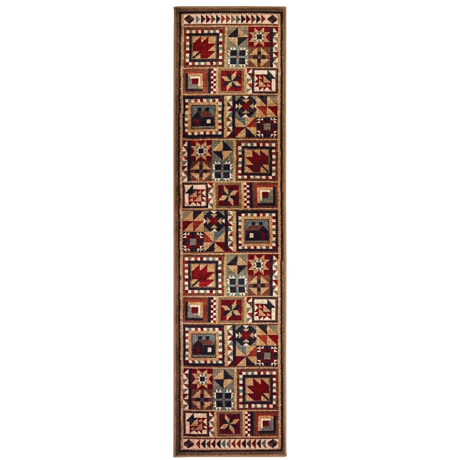 Woodlands Cabin Quilt Brown Multi Cabin Lodge Rug - Woodlands 9596A #_shape=Runner