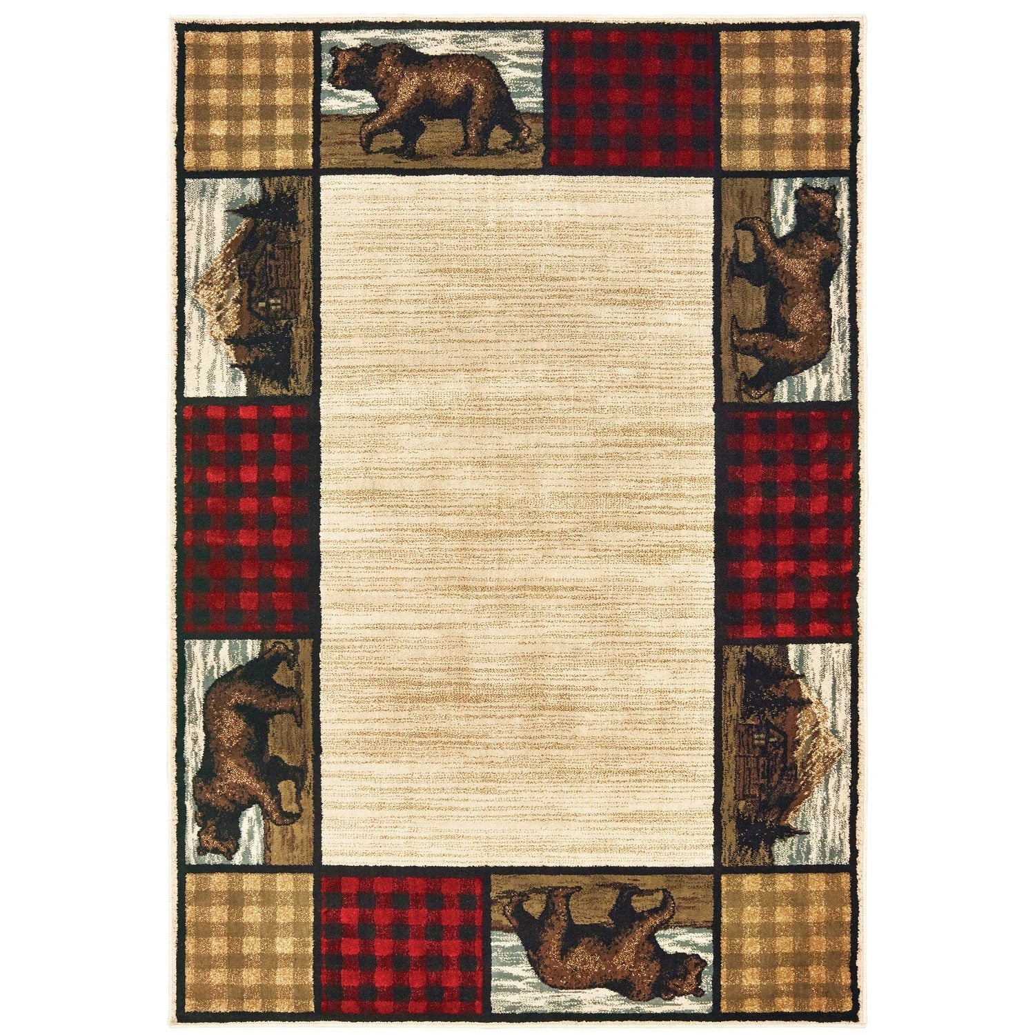 Woodlands Plaid Bear Border Ivory Multi Cabin Lodge Rug - Woodlands 9603C #_shape=Rectangle