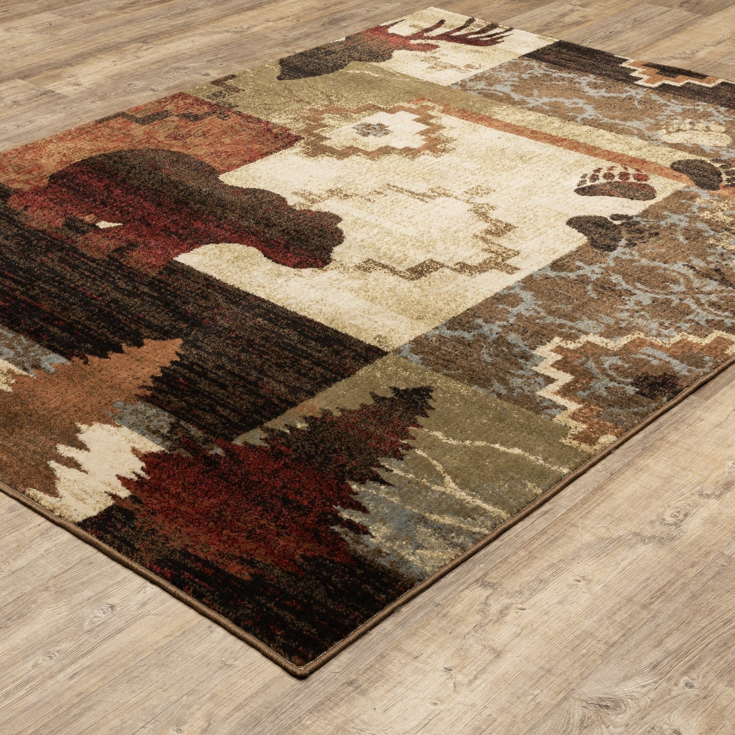 Woodlands Mountain Wildlife Brown Rust Cabin Lodge Rug - Woodlands 9649A