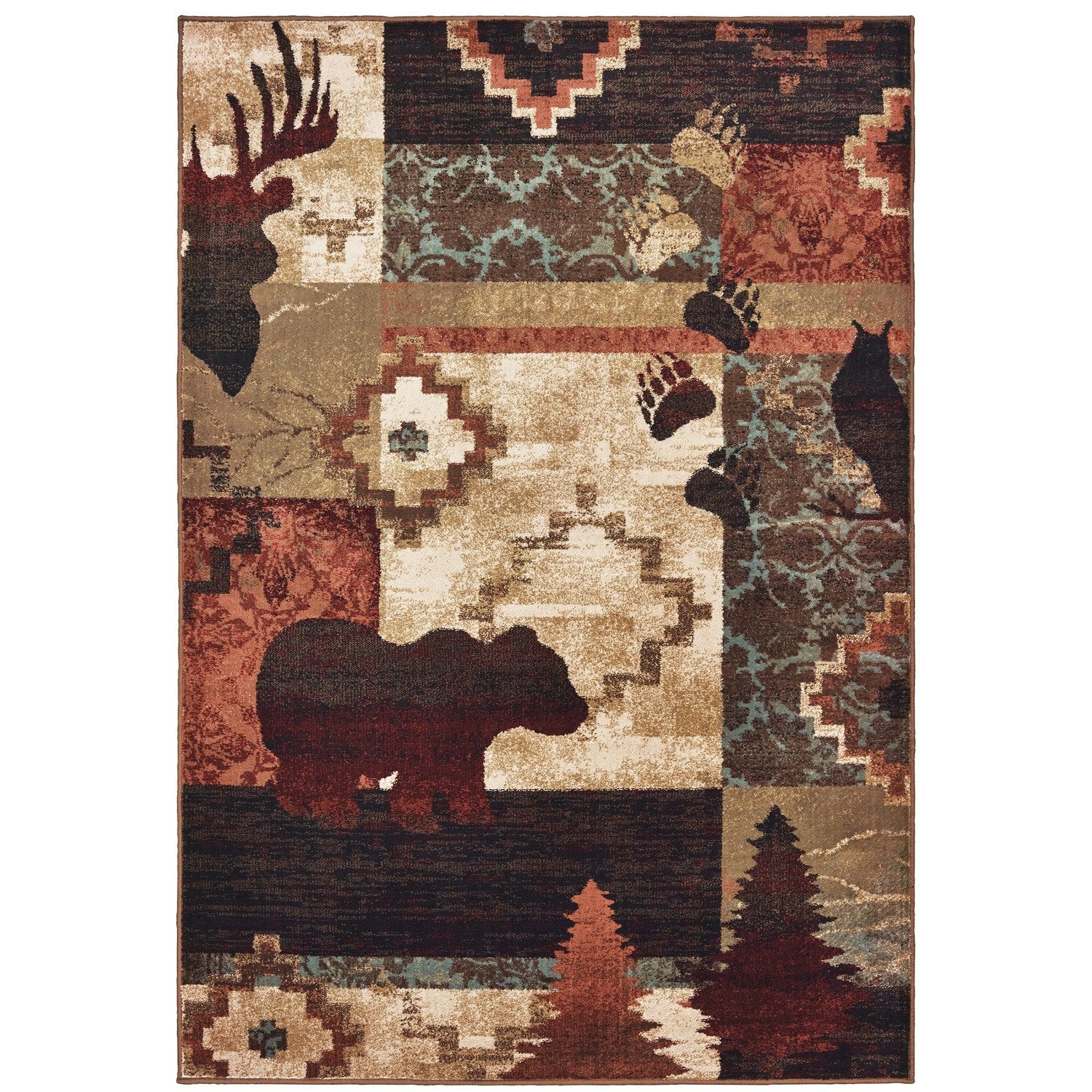 Woodlands Mountain Wildlife Brown Rust Cabin Lodge Rug - Woodlands 9649A #_shape=Rectangle