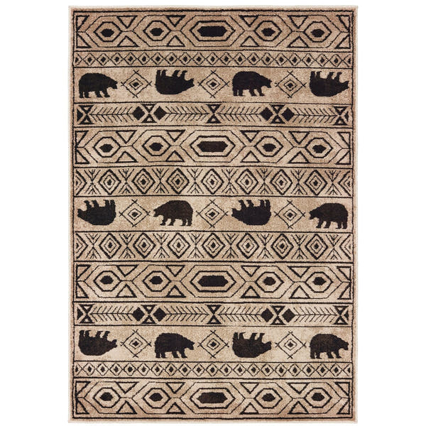 Woodlands Bear Stripe Ivory Black Cabin Lodge Rug - Woodlands 9651A #_shape=Rectangle
