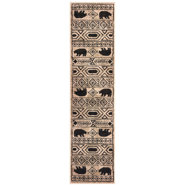 Woodlands Bear Stripe Ivory Black Cabin Lodge Rug - Woodlands 9651A #_shape=Runner