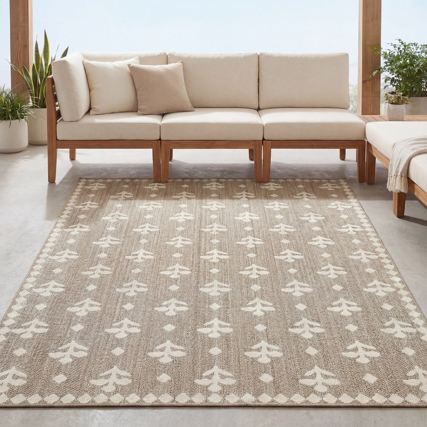 Zarina Block Print Floral Tan Jute Look Indoor Outdoor Rug - Zarina ZAR02