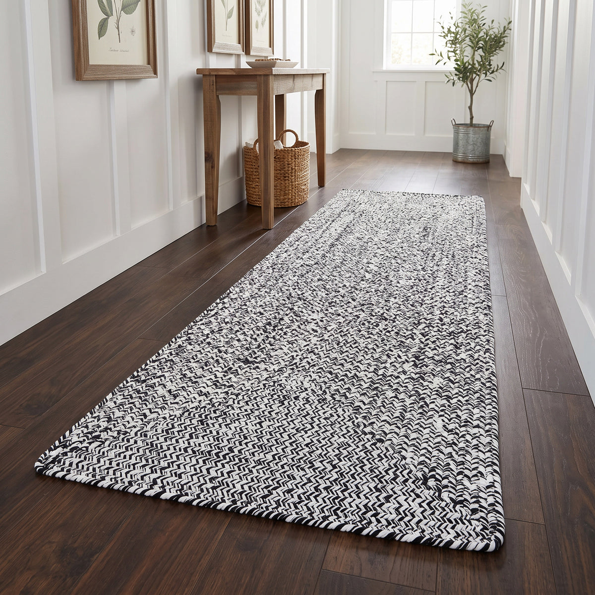 Rustica black and white braided cotton rug, 2x6 rectangle runner in a farmhouse hallway #size_2' x 6' Runner