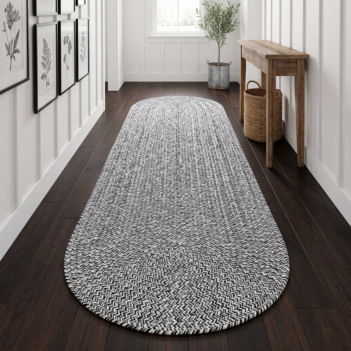 Rustica black and white braided cotton rug, 2x8 oval runner in a long hallway #size_2' x 8' Oval Runner