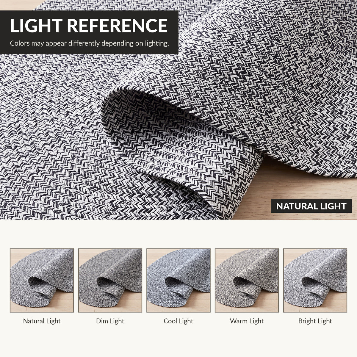 Rustica braided rug - how the colour looks under different lighting
