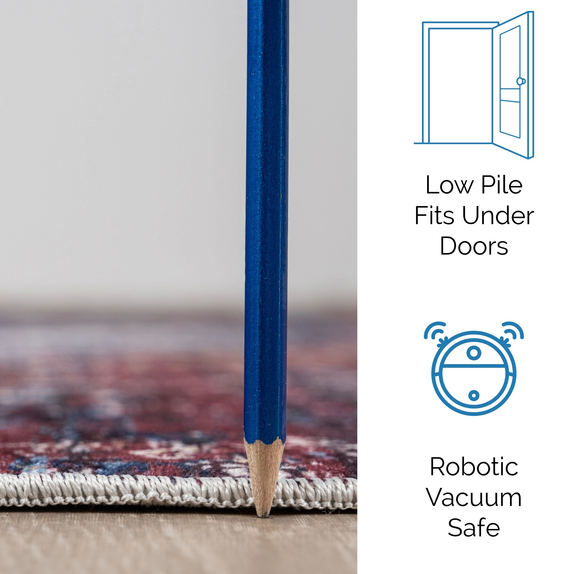 Red Bursa machine washable area rug 2' x 3' - low pile fits under doors, robotic vacuum safe