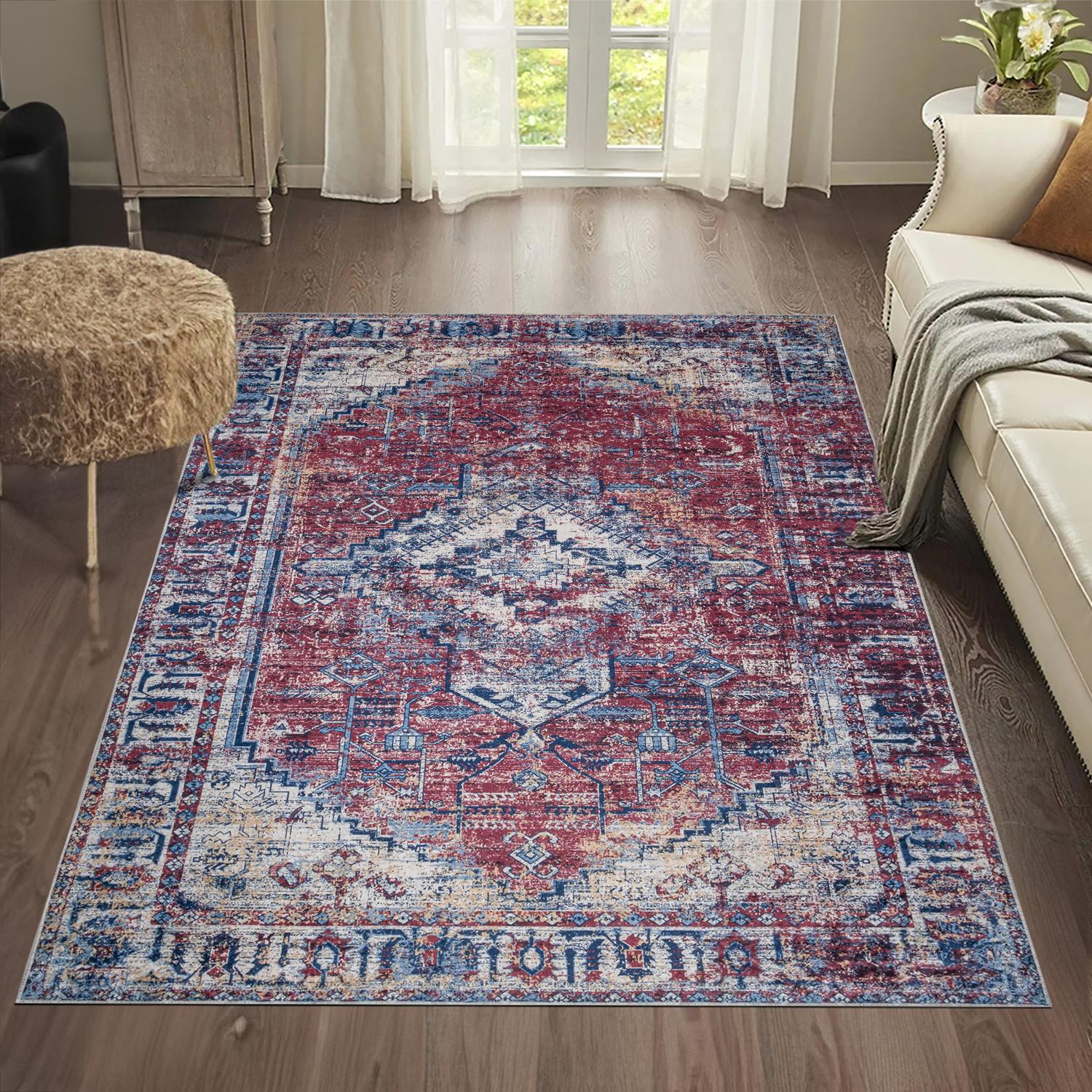 Red Bursa machine washable area rug 2' x 3' - styled in a room setting