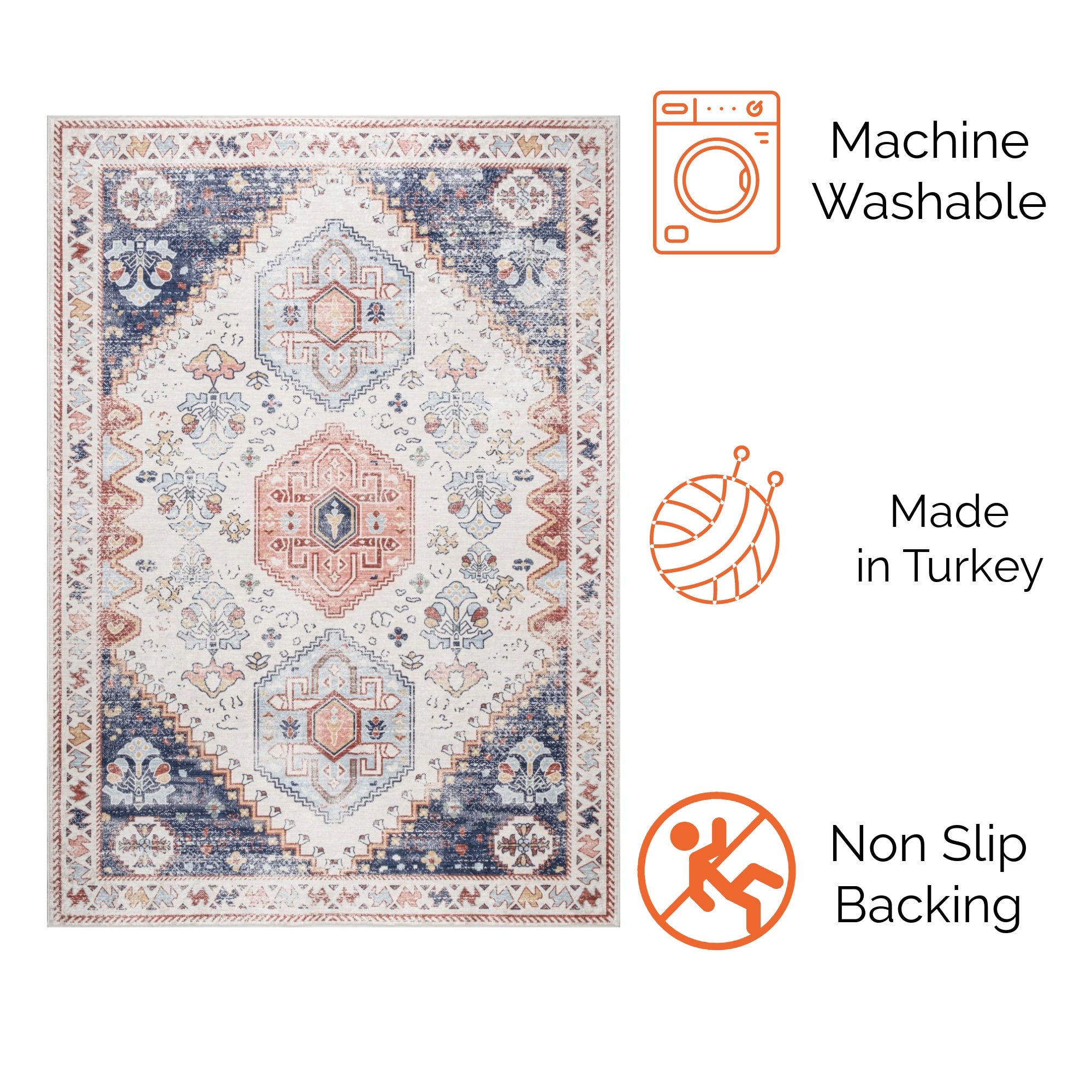 Pastel Bursa machine washable area rug 4' x 6' - machine washable, made in Turkey, non-slip backing