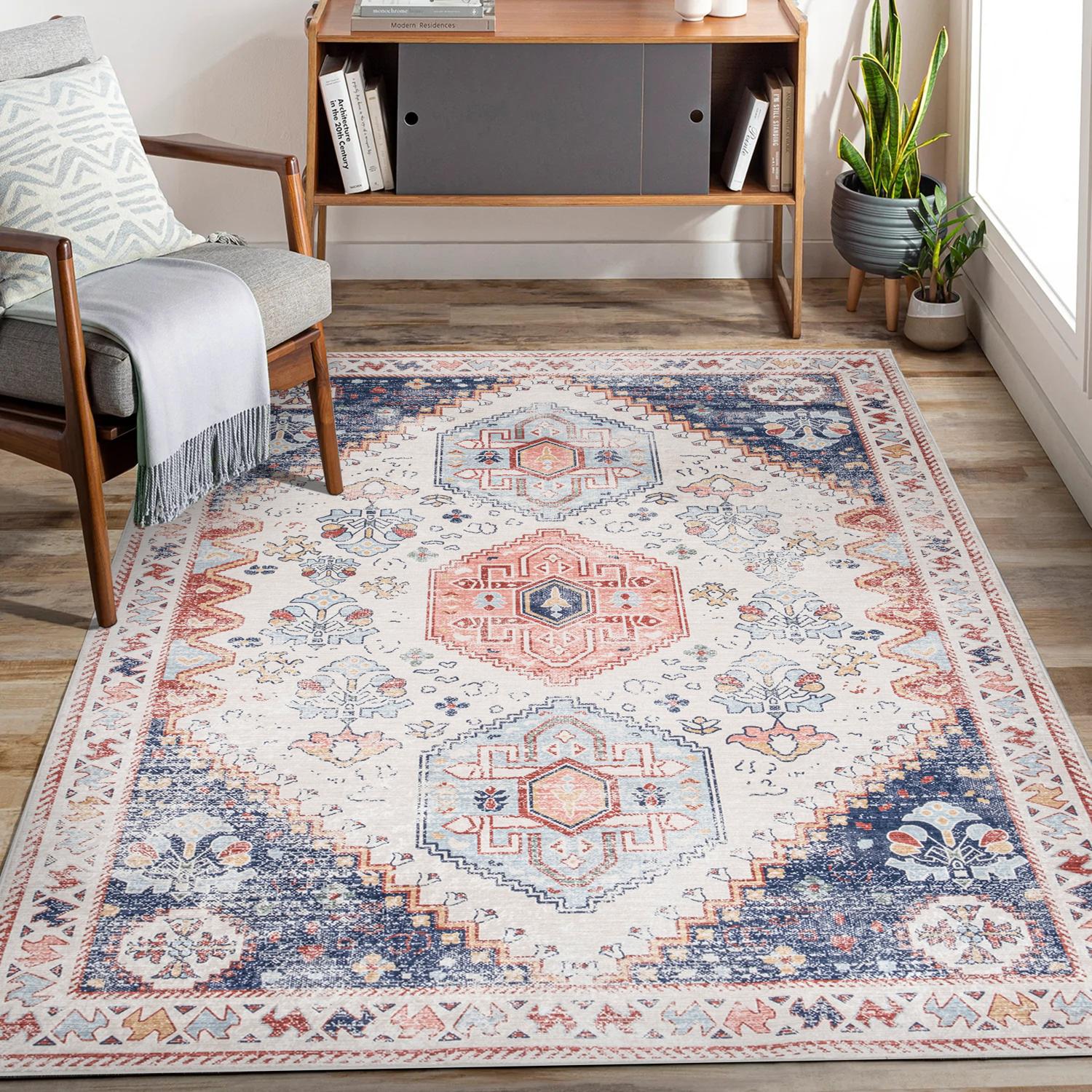 Pastel Bursa machine washable area rug 2' x 3' - styled in a living room