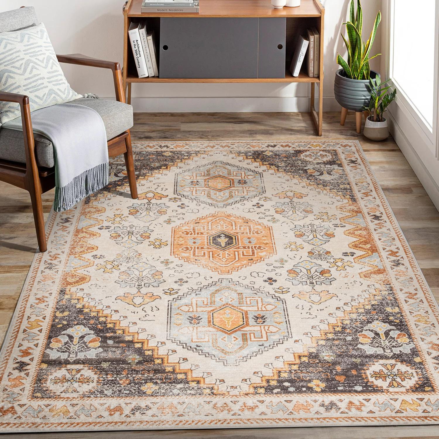 Olive Bursa machine washable area rug 3' x 5' - styled in a living room