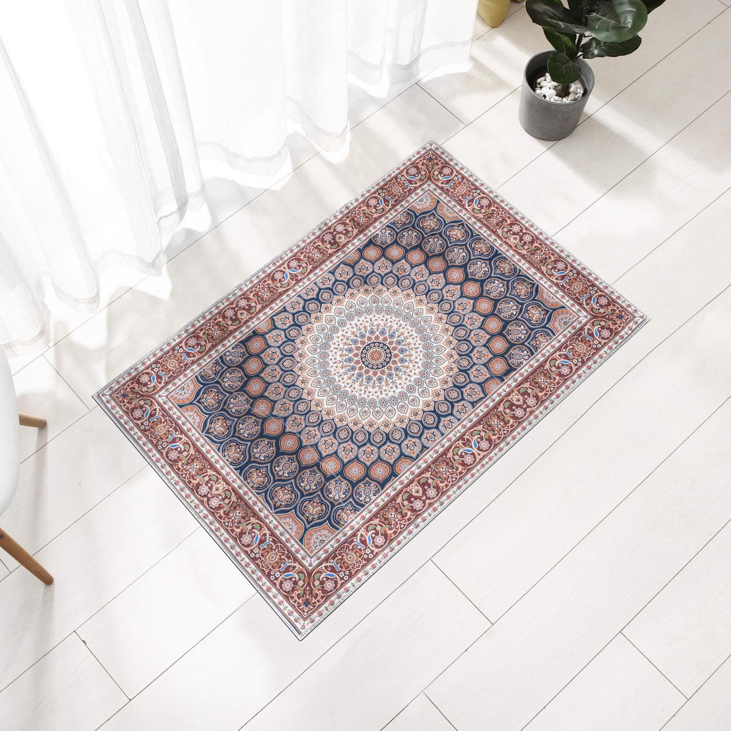 Red / Navy Bursa machine washable area rug 2' x 3' - styled in a room