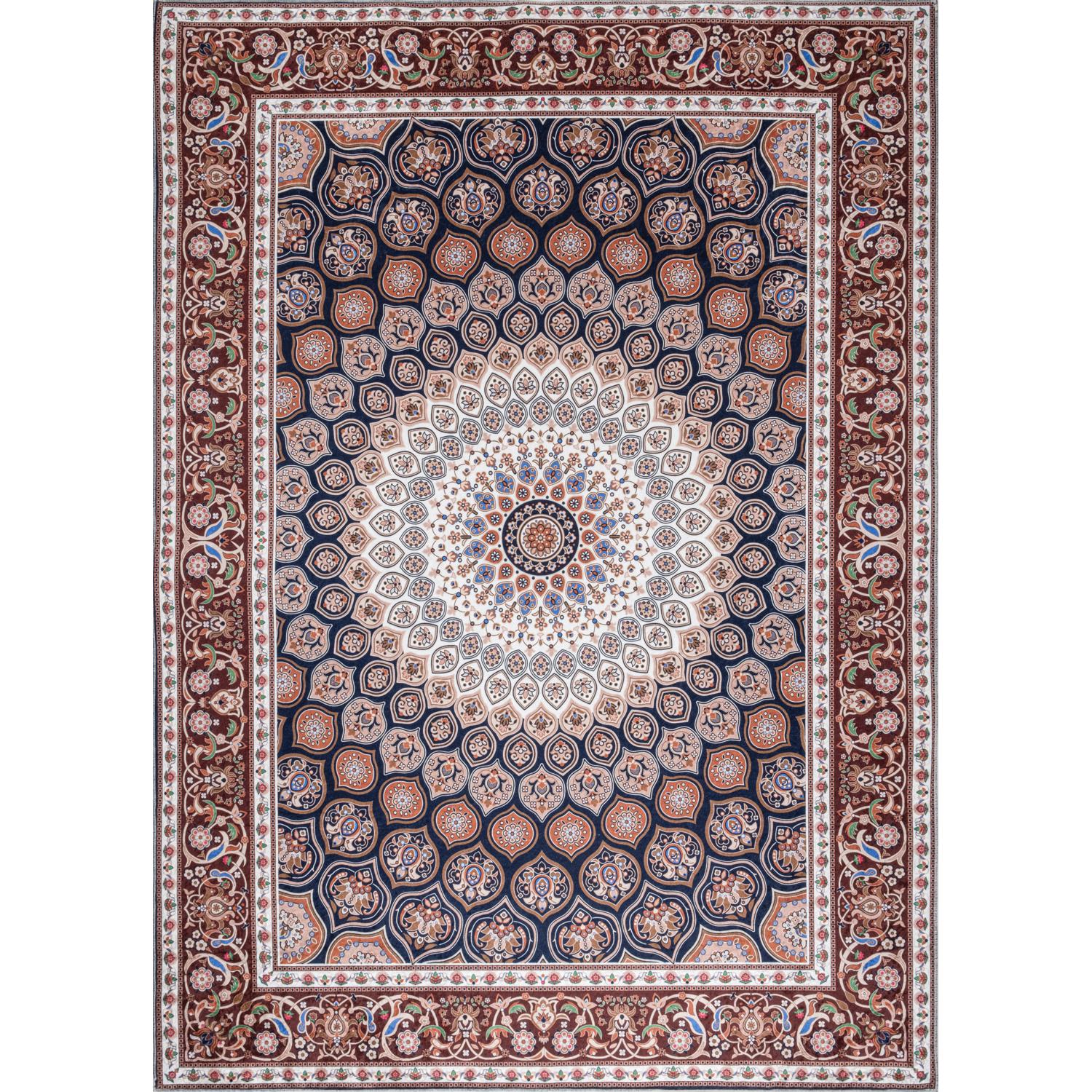 Red / Navy Bursa machine washable area rug 2' x 3' - flat overhead view