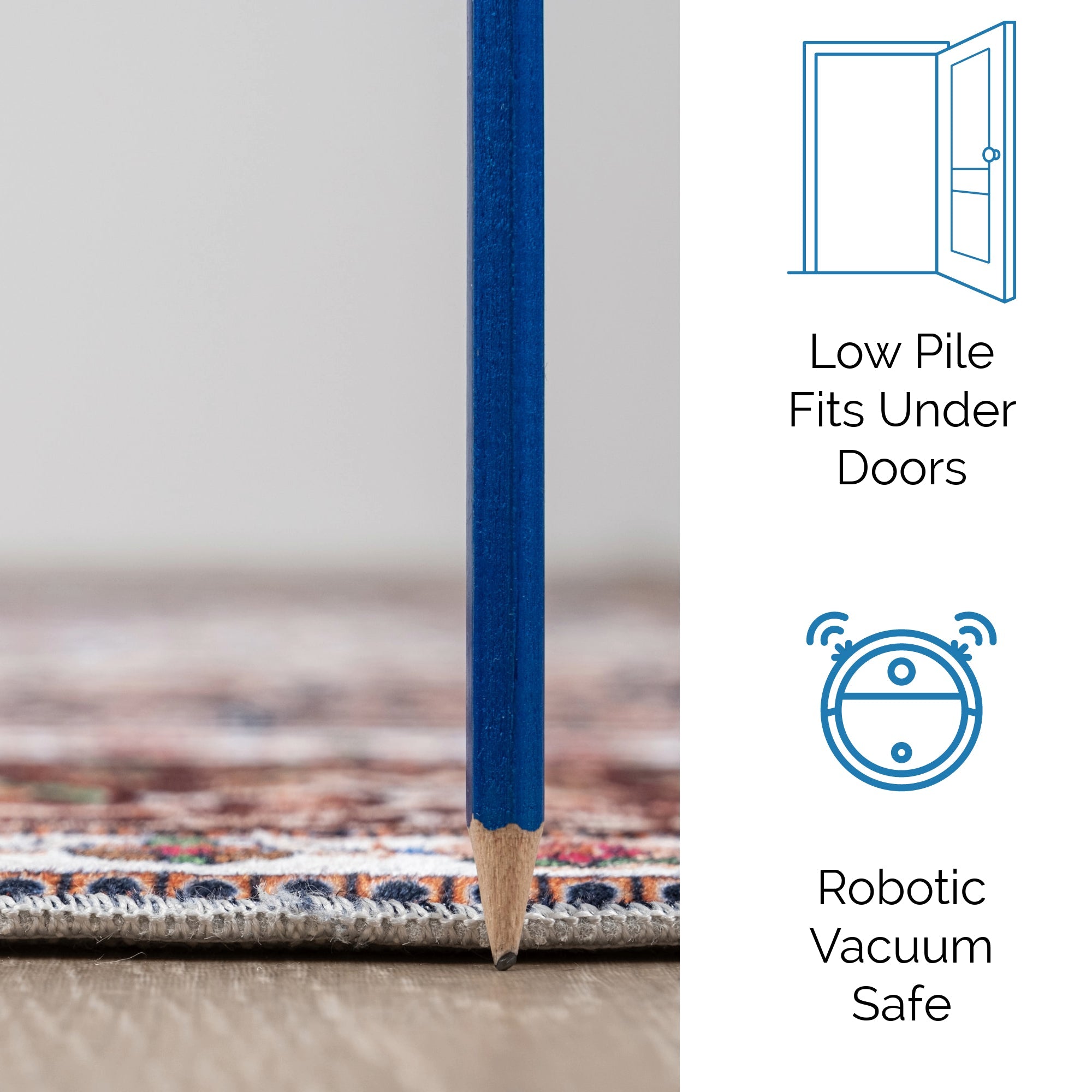 Red / Navy Bursa machine washable area rug 3' x 5' - low pile fits under doors, robotic vacuum safe